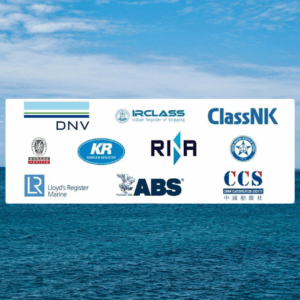 Classification societies logos — RINA, DNV, ABS, BV, Lloyd’s Register, ClassNK, KR, CCS — recognized by OJ Safety for lifeboat and FFE inspections across Baltic ports.