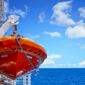 Lifeboat on vessel deck during inspection under IMO MSC.402(96) performed by OJ Safety in Klaipėda, Baltic Sea region.
