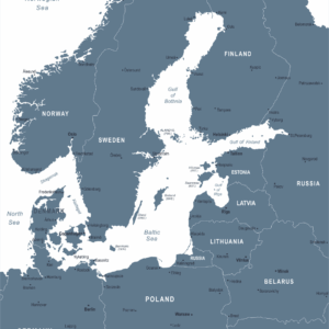 Map of Baltic and North Sea ports showing OJ Safety service coverage — Klaipėda, Gdynia, Riga, Tallinn, Copenhagen, Hamburg, and Rotterdam.