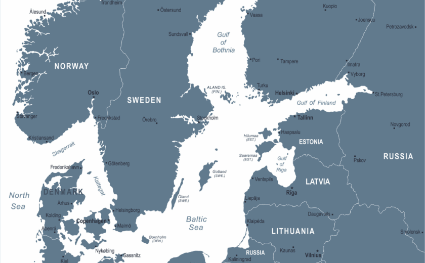 Map of Baltic and North Sea ports showing OJ Safety service coverage — Klaipėda, Gdynia, Riga, Tallinn, Copenhagen, Hamburg, and Rotterdam.