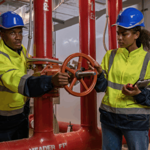 OJ Safety technicians performing fire-fighting equipment inspection under MSC.1/Circ.1432 and ISO 9001 in Baltic ports.