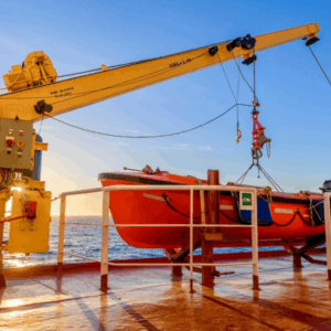 Davit load test on lifeboat under SOLAS and MSC.402(96) performed by OJ Safety on board vessel in European waters