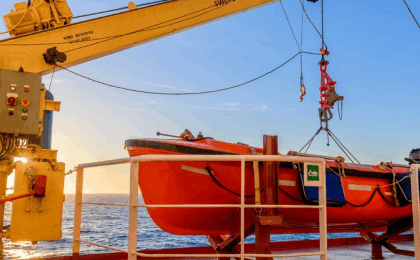 Davit load test on lifeboat under SOLAS and MSC.402(96) performed by OJ Safety on board vessel in European waters