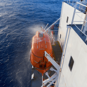 Davit load test on lifeboat under SOLAS and MSC.402(96) performed by OJ Safety on board vessel in European waters