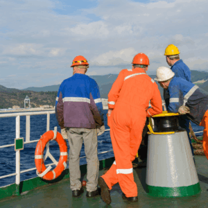 Ship crew standing on deck discussing safety procedures during pre-departure checks, representing real-life application of PSSR updates and teamwork onboard.
