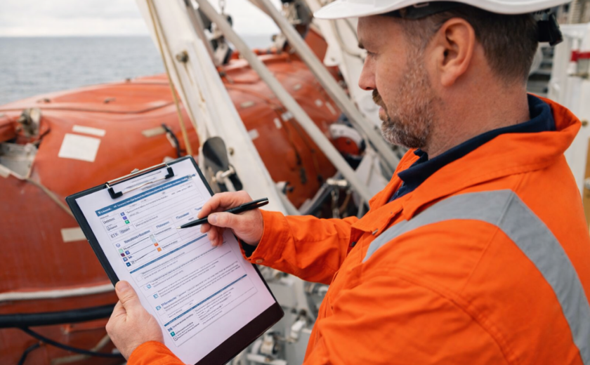 Maritime safety engineer completing a superintendent inspection prep sheet beside lifeboat and davit on board, MSC.402(96) compliant LSA inspection in Baltic ports (Klaipėda, Riga, Tallinn, Gdynia, Gdańsk)