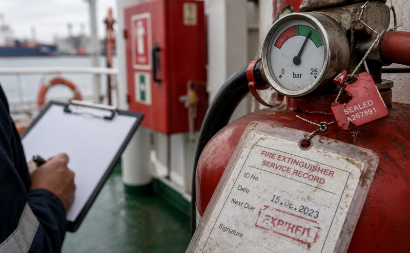 PSC inspection portable fire extinguisher on ship deck showing low pressure gauge below green zone, broken seal tag, expired service record, compliance failure example maritime safety