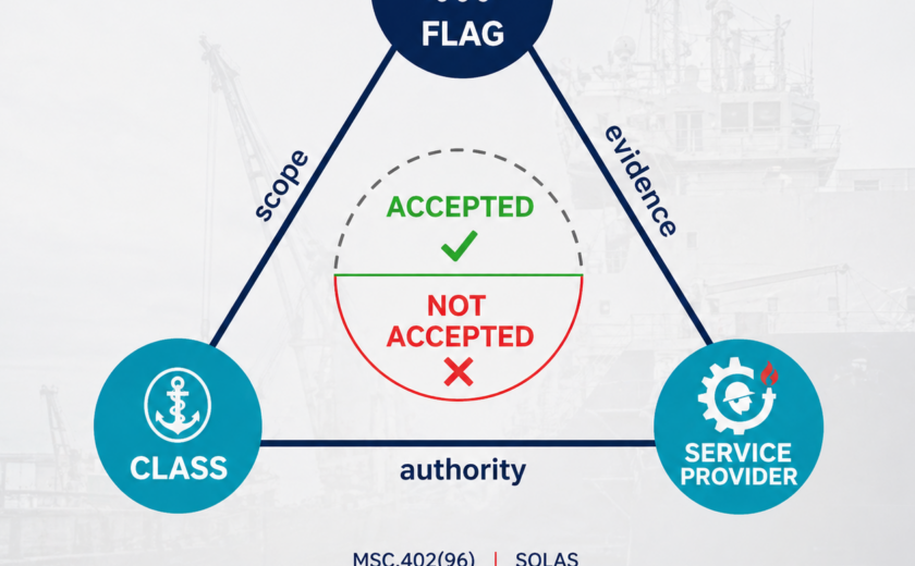 Flag Class Service Provider triangle maritime compliance diagram MSC 402(96) SOLAS LSA FFE inspection acceptance criteria shipping safety Baltic ports