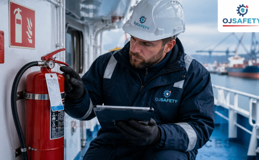 Portable extinguisher inspection checklist for PSC: crew checking pressure gauge, seal and service label on a ship in Baltic ports (Klaipėda, Riga, Tallinn, Gdynia, Gdańsk).