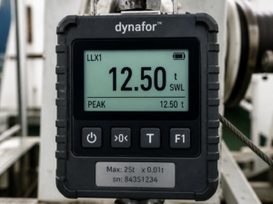 Load cell display showing 12.50 tons SWL during davit load test lifeboat inspection MSC 402 compliant measurement