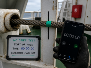 Davit brake holding test start reference mark rope alignment and stopwatch timer zero start no drift test setup