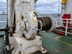 Davit winch drum and wire rope condition after load test brake system inspection and rope spooling check maritime safety