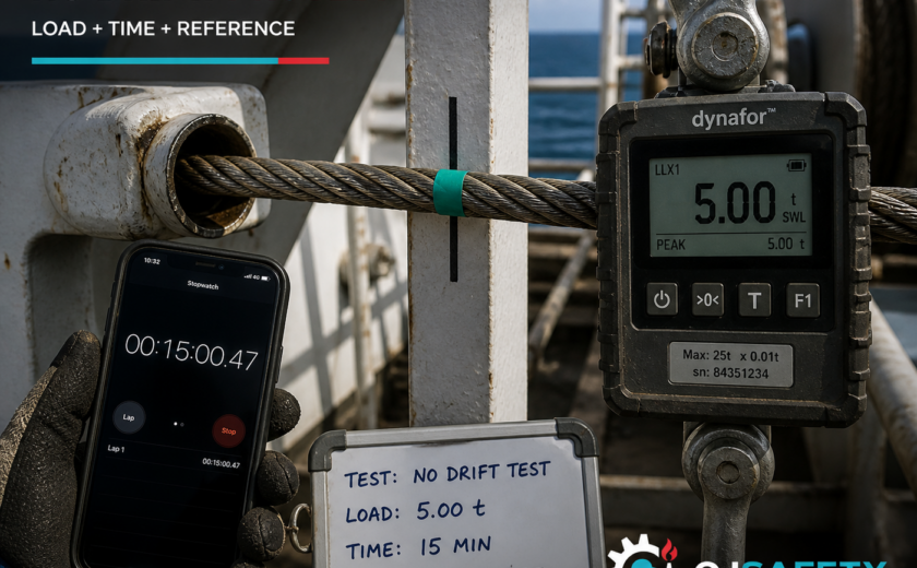 Davit brake hold no drift test with load cell, timer and reference marker on wire rope, ship deck inspection MSC 402