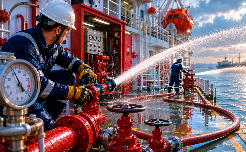 Seafarers testing the fire main and emergency fire pump with two water jets during a PSC readiness check on a ship deck