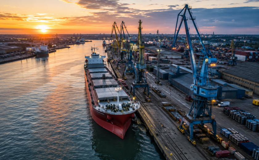 Port call planning for annual LSA and FFE inspections in a major European commercial port with cargo vessel alongside berth, cranes, logistics infrastructure, and marine safety service operations across Baltic, Nordic, and North Sea ports.