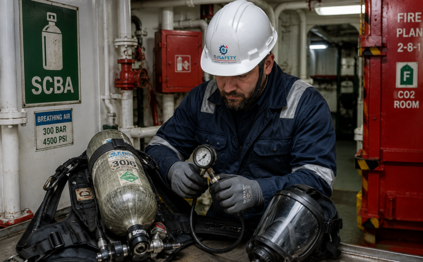 SCBA breathing apparatus inspection and compressed air cylinder pressure check on board a commercial vessel. Marine safety technician inspecting self-contained breathing apparatus, air cylinder pressure gauge, regulator, face mask, and emergency firefighting equipment in compliance with SOLAS and IMO requirements.