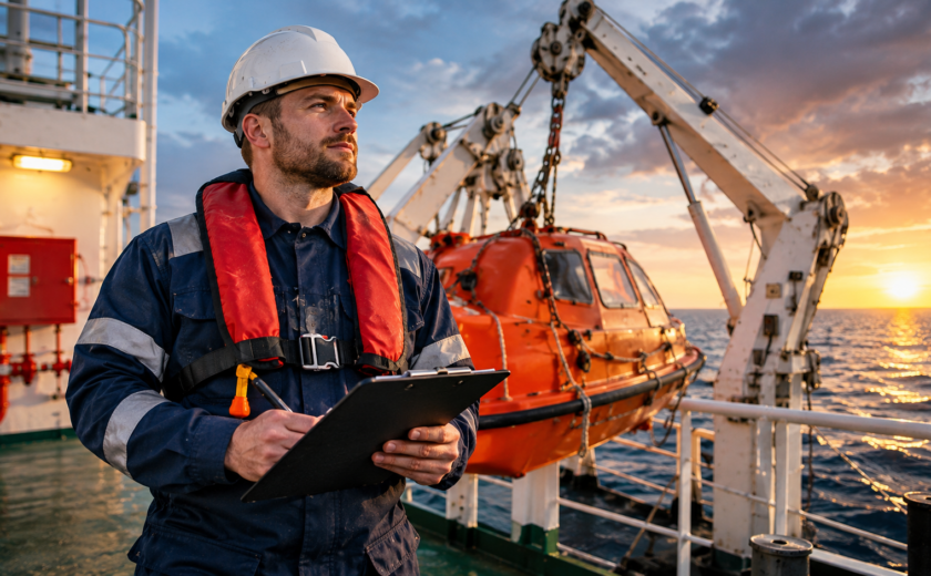 Marine safety technician onboard a commercial vessel with lifeboat and davit system, representing LSA and FFE inspection services for vessels operating across Baltic, North Sea and European ports.