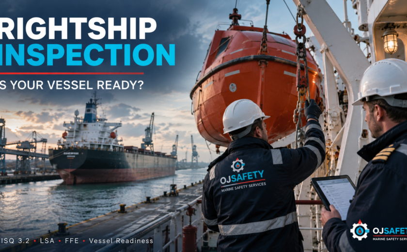 OJ Safety marine technician conducting lifeboat and davit checks during RightShip RISQ 3.2 vessel inspection preparation in a European port, supporting LSA, FFE and maritime safety readiness across Europe.