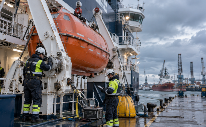 Davit load testing Europe with lifeboat 110% SWL and winch brake inspection onboard a vessel in a Scandinavian North Sea port.