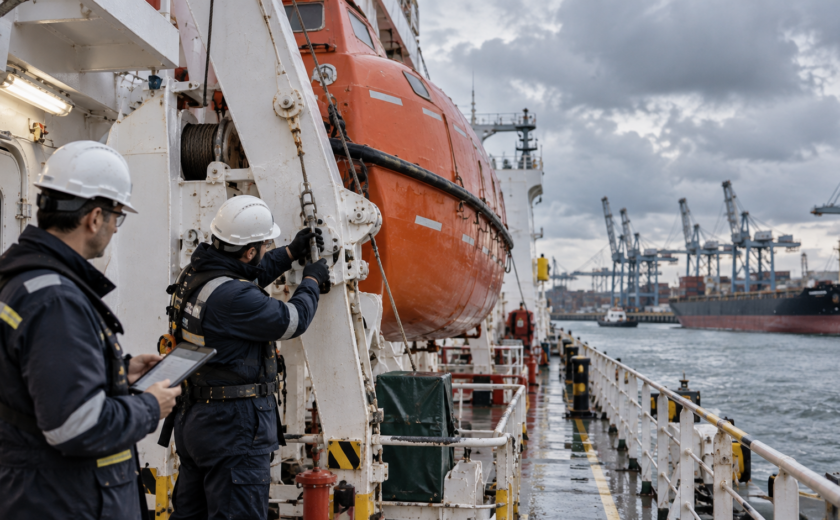 Marine technician inspecting an enclosed lifeboat and davit system onboard a cargo vessel in a North Sea port, representing MSC.402(96) LSA inspection and lifeboat servicing in Europe.