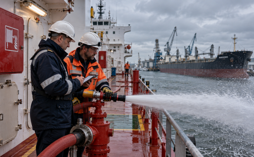 Marine fire safety inspection onboard a cargo vessel in a European port, with fire main, hydrant and hose operational testing for FFE, SOLAS and Port State Control readiness.
